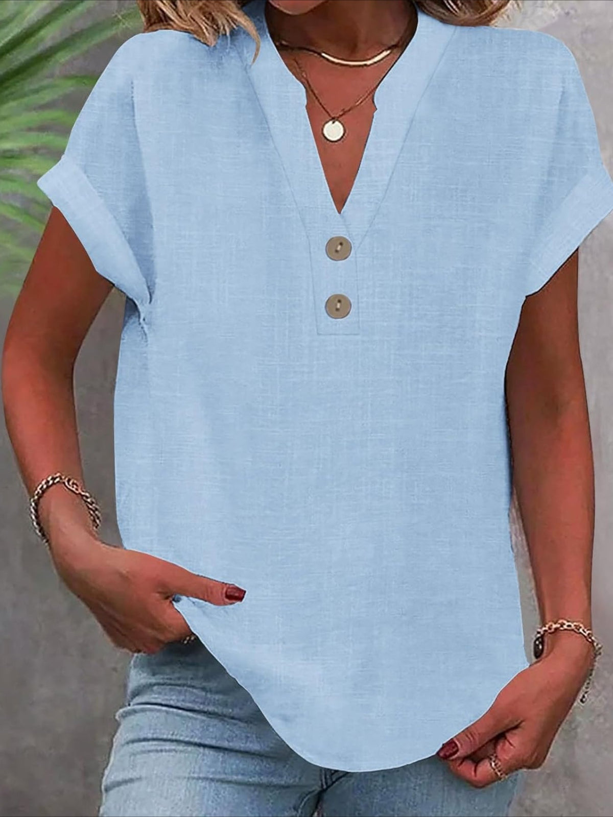 Solid Color V Neck Short Sleeve Button Down T Shirts