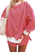 Red Stripe Oversize Mock Neck Sweatshirt and Shorts Set