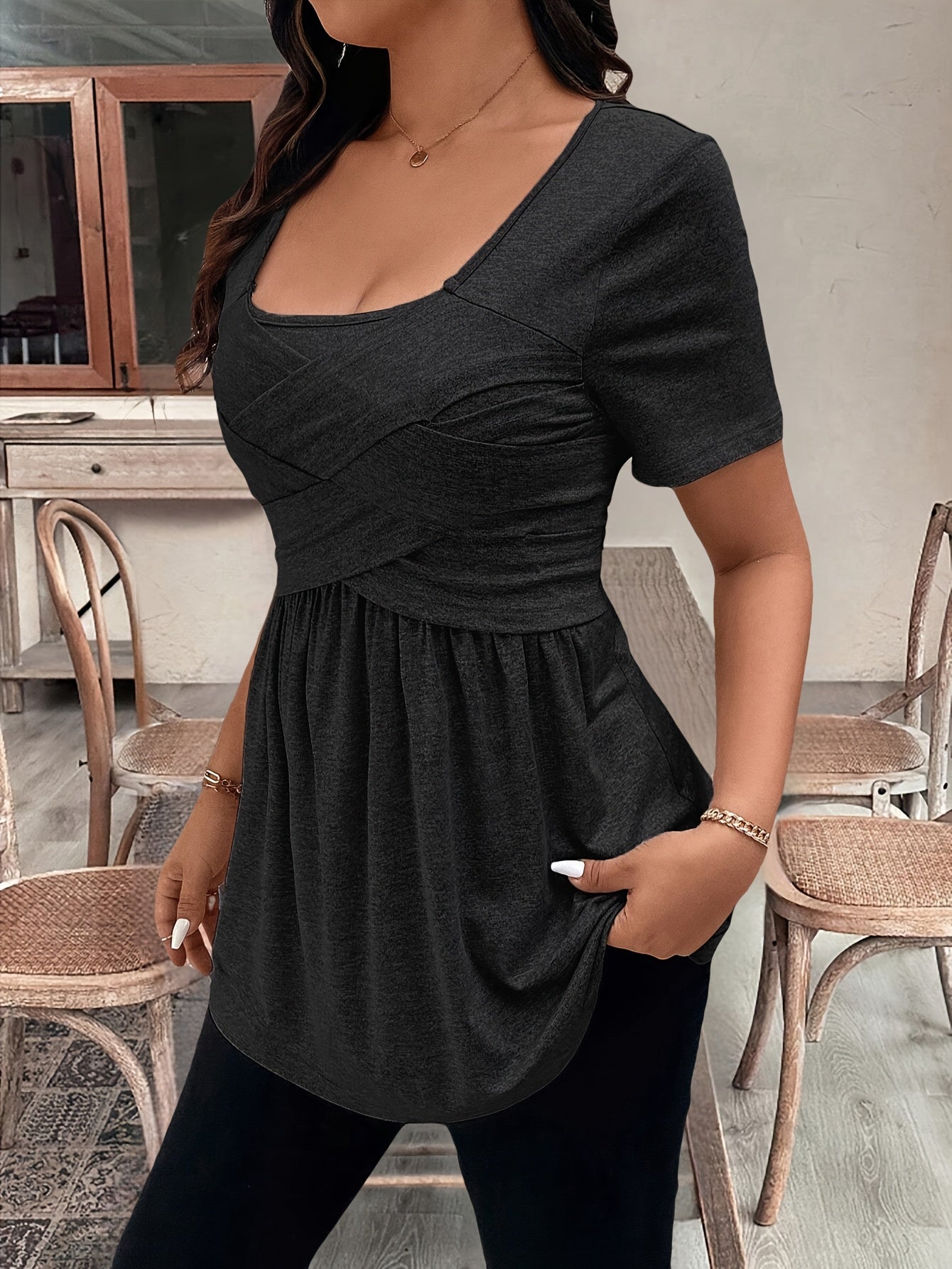 Solid Color Square Neck Slim-Fit Short Sleeve Cross-Strap Top