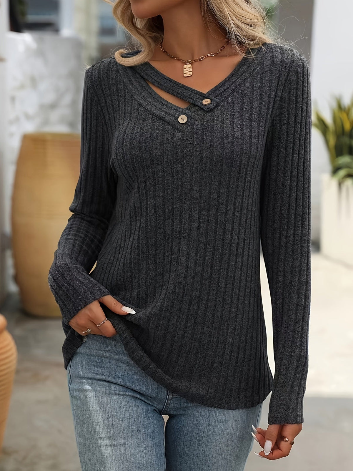 Plus Size Button Detail T-Shirt, Casual Long Sleeve Top