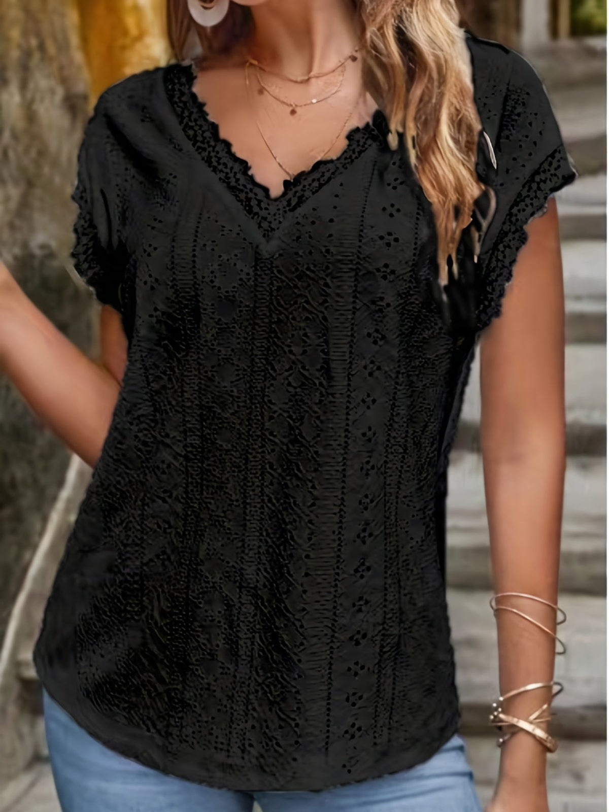 Elegant T-shirt, Women's Eyelet Embroidery Contrast Lace Trim V Neck Short Sleeve Slight Stretch T-shirt