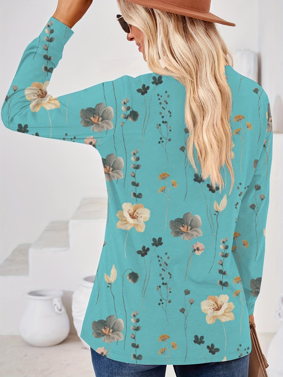 Floral Print V Neck Button T-Shirt, Casual Long Sleeve T-Shirt