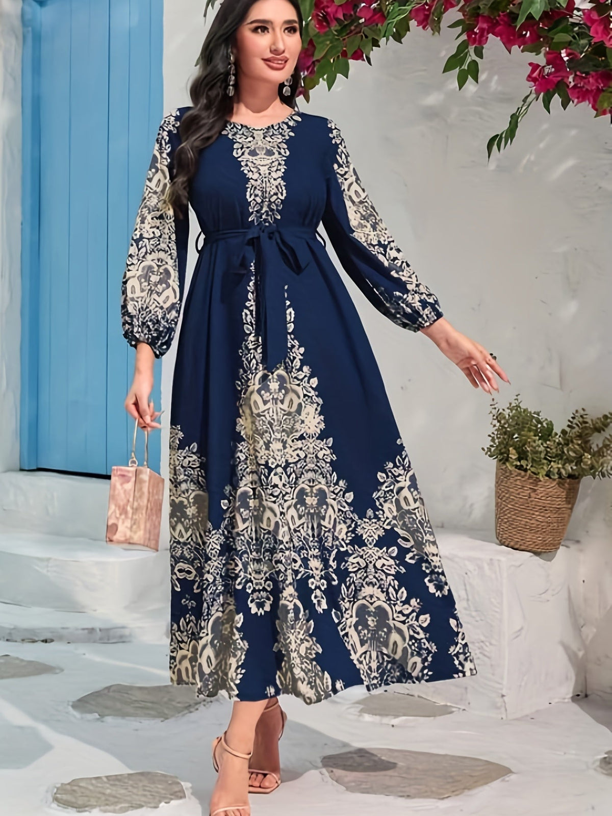 Graphic Print Tie Waist Kaftan Dress, Elegant Lantern Sleeve Maxi Length Dress