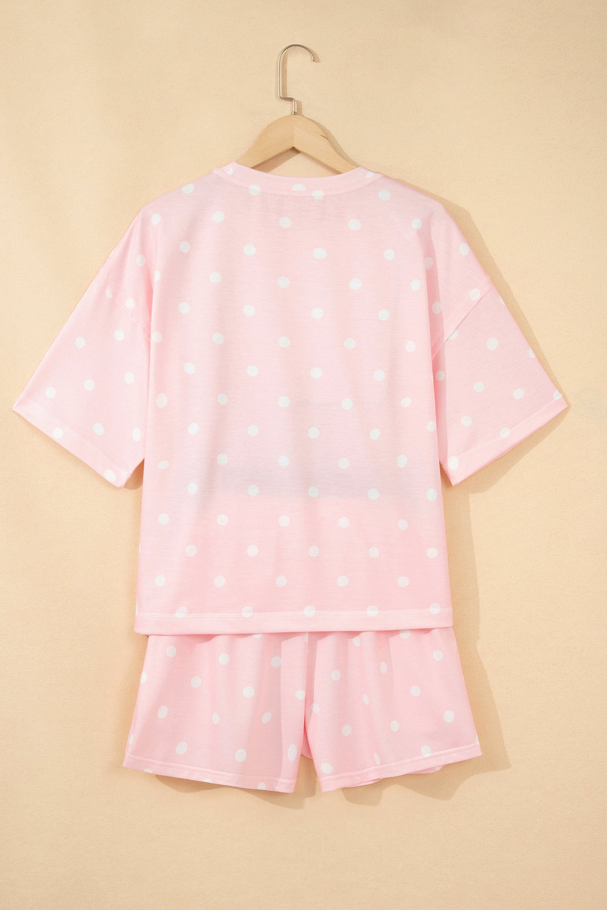 Pink Polka Dot Short Sleeve Loose Top Drawstring Shorts Set