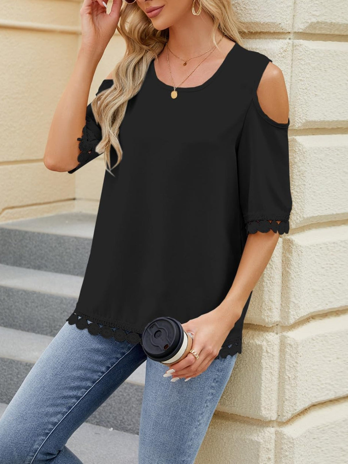 Womens Tops Cold Shoulder Crew Neck Short Sleeve Summer Tunics Blouse Casual Loose Fit T Shirts
