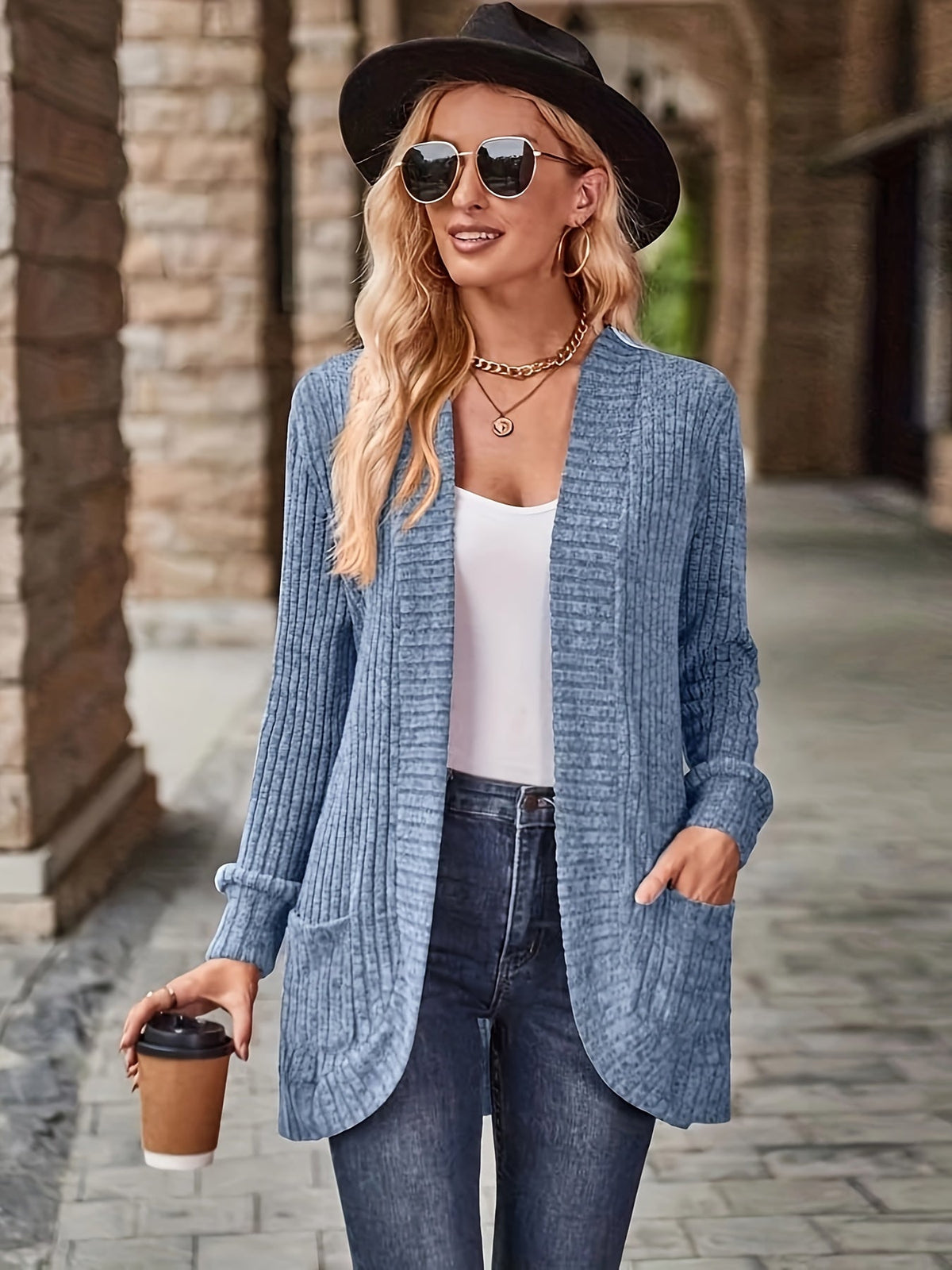 Solid Open Front Cardigan, Casual Long Sleeve Drop Shoulder Outwear