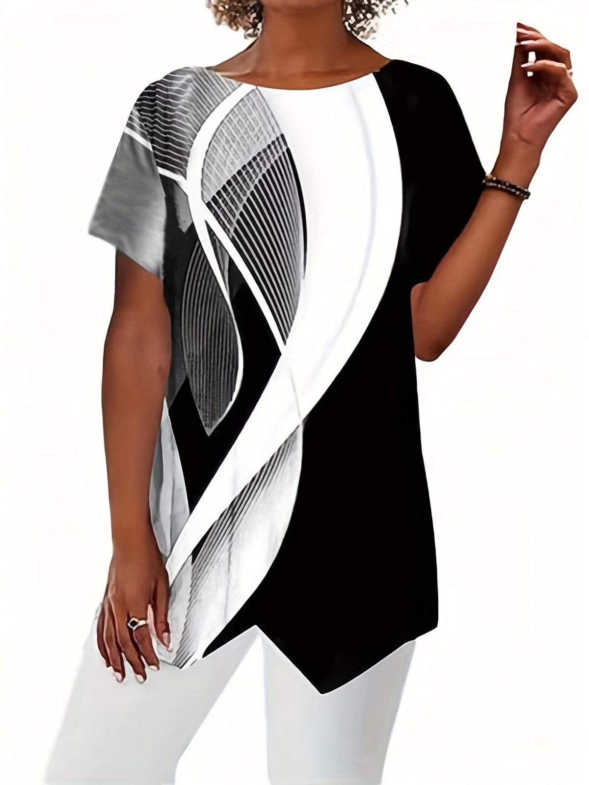 Casual T-shirt, Women's Allover Print Short Sleeve Round Neck Medium Stretch Tee
