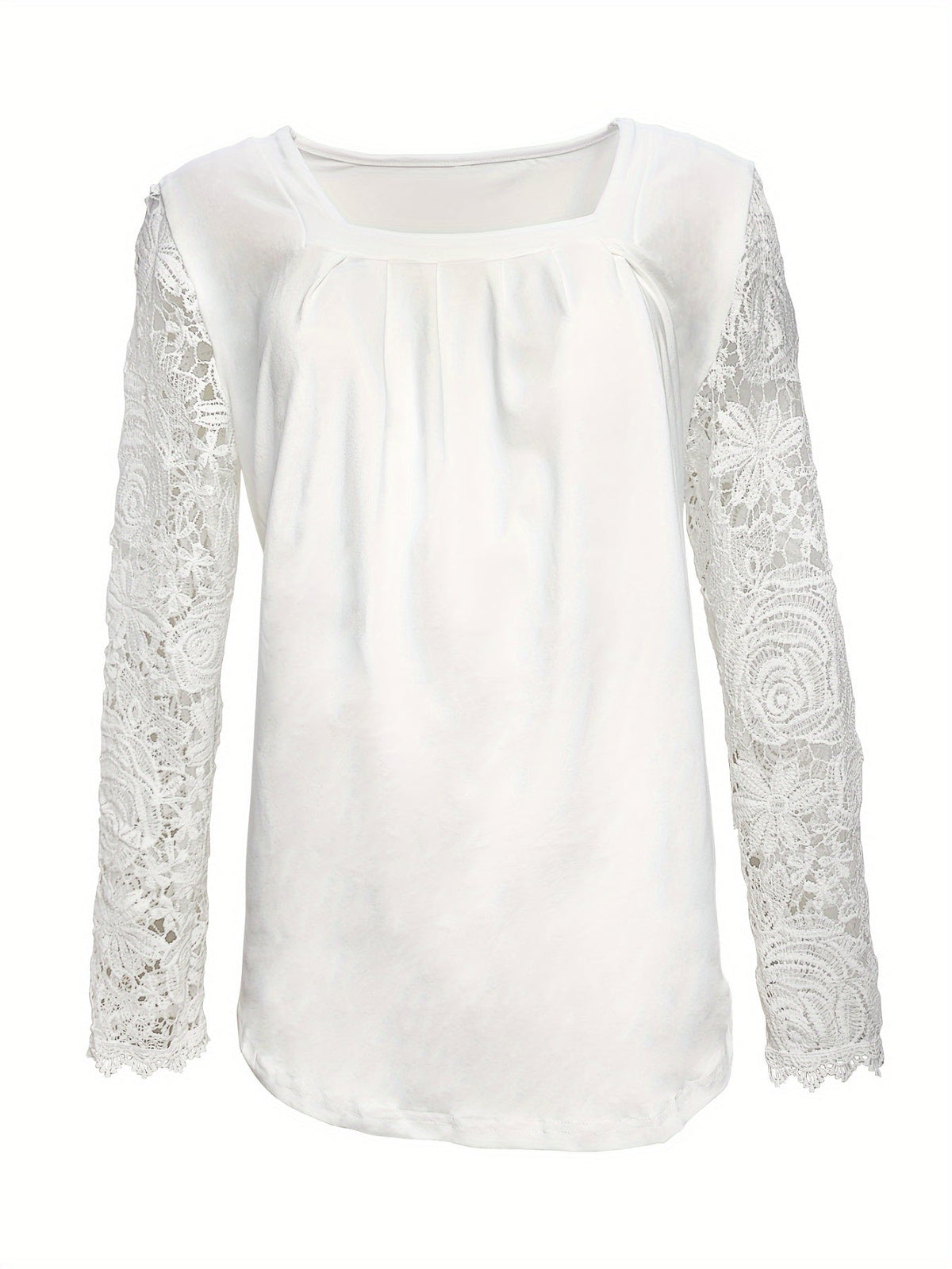 Lace Stitching T-Shirt, Casual Square Neck Long Sleeve T-Shirt
