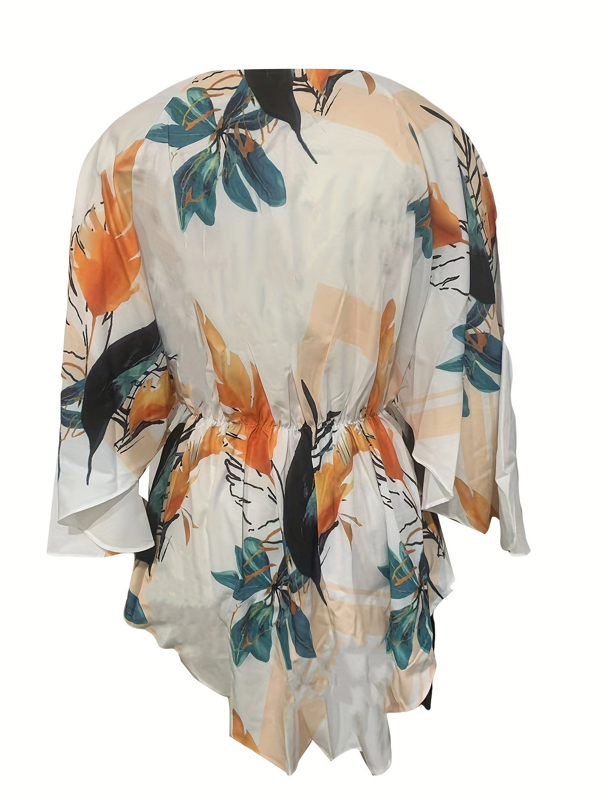 Full Printed V Neck Dress, Casual Tie Waist Batwing Sleeve Dress