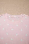 Pink Polka Dot Short Sleeve Loose Top Drawstring Shorts Set