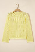 Yellow Cream Scalloped Trim Hollow Out Knit Long Sleeve Top