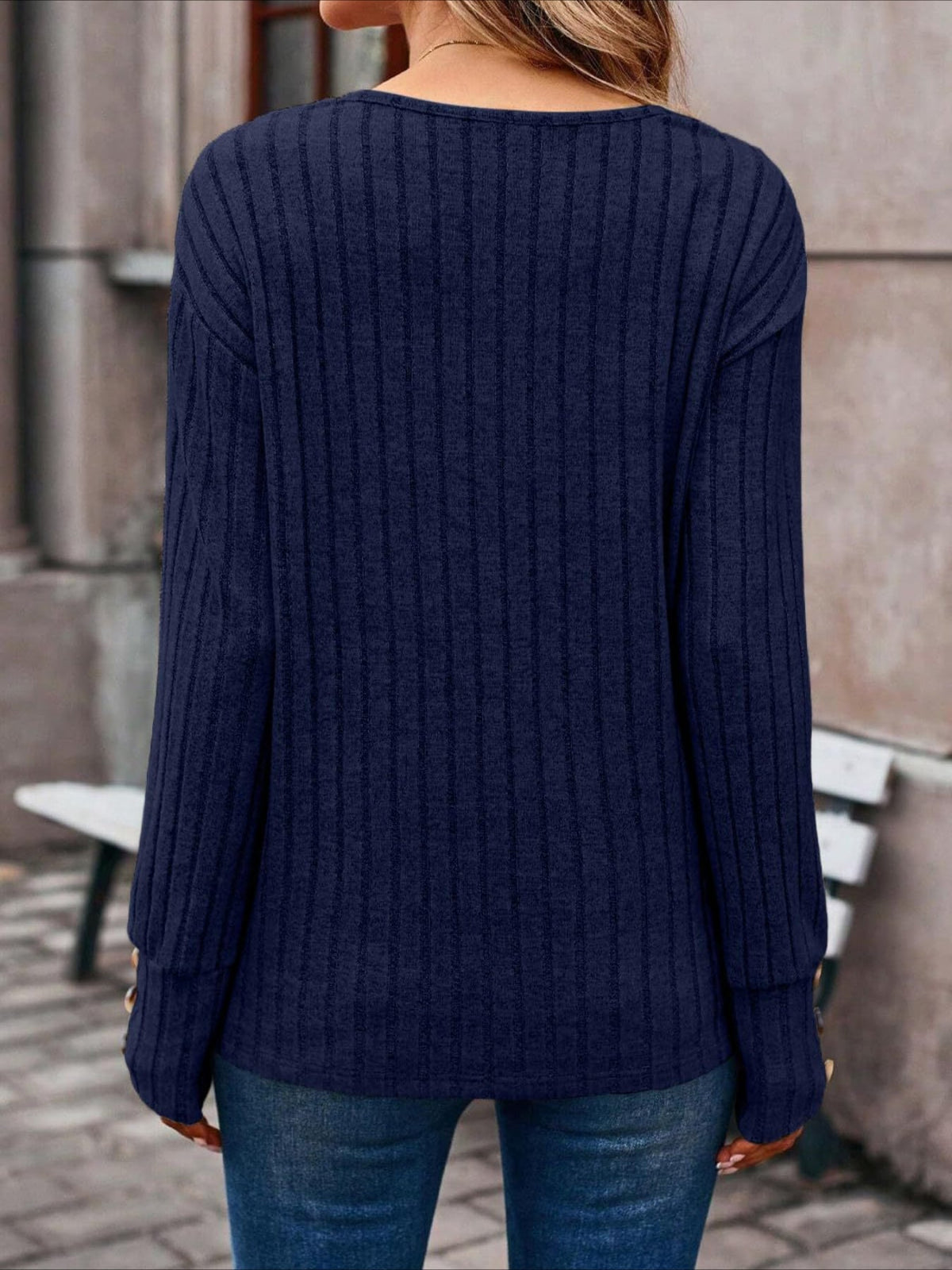 Womens Ribbed Button Detail T-Shirt - Fashionable V-Neck Long Sleeve Top