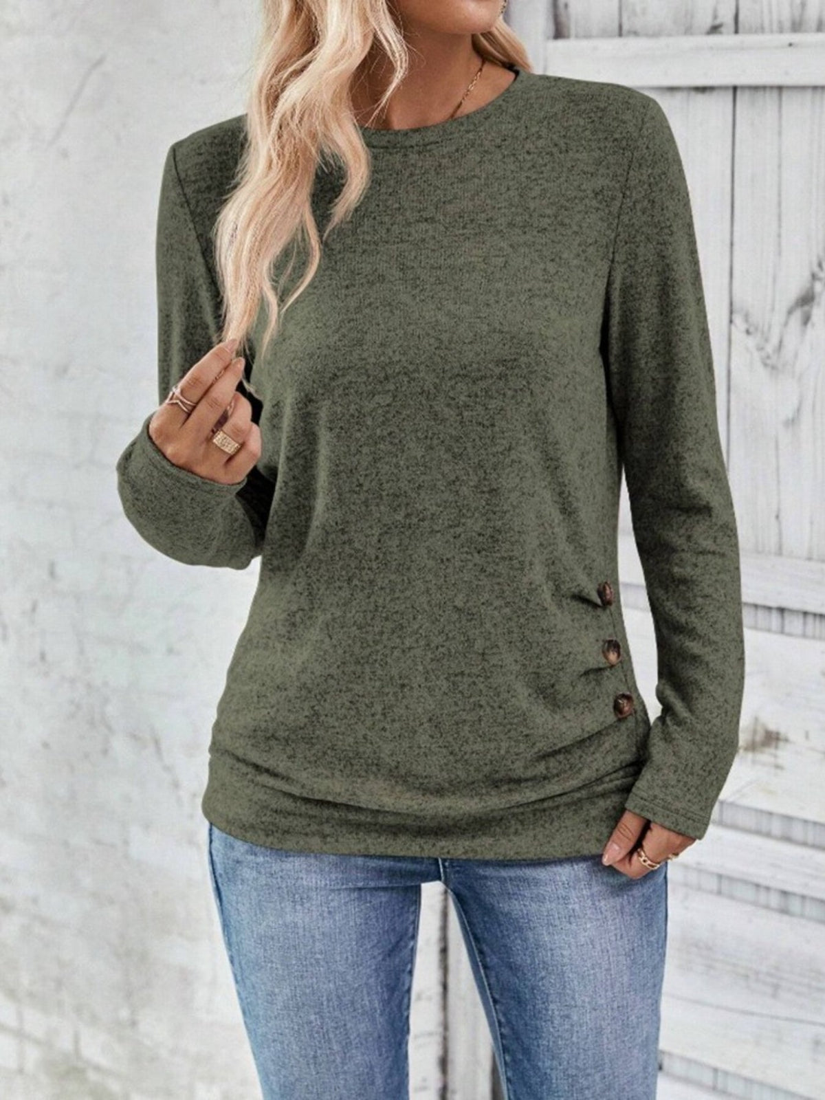Button Decor Ruched T-Shirt, Casual Long Sleeve Top
