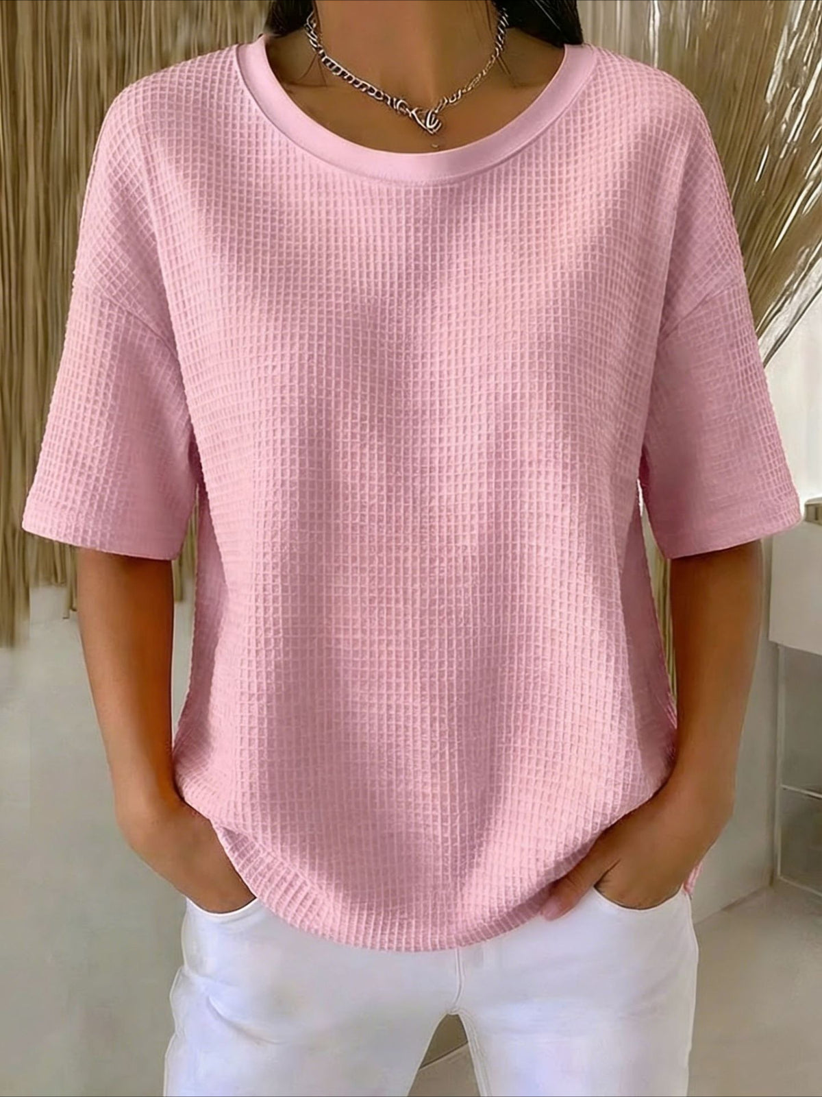 Waffle Solid Color Classic Modern Casual Short Sleeve Crew Neck Regular Tops