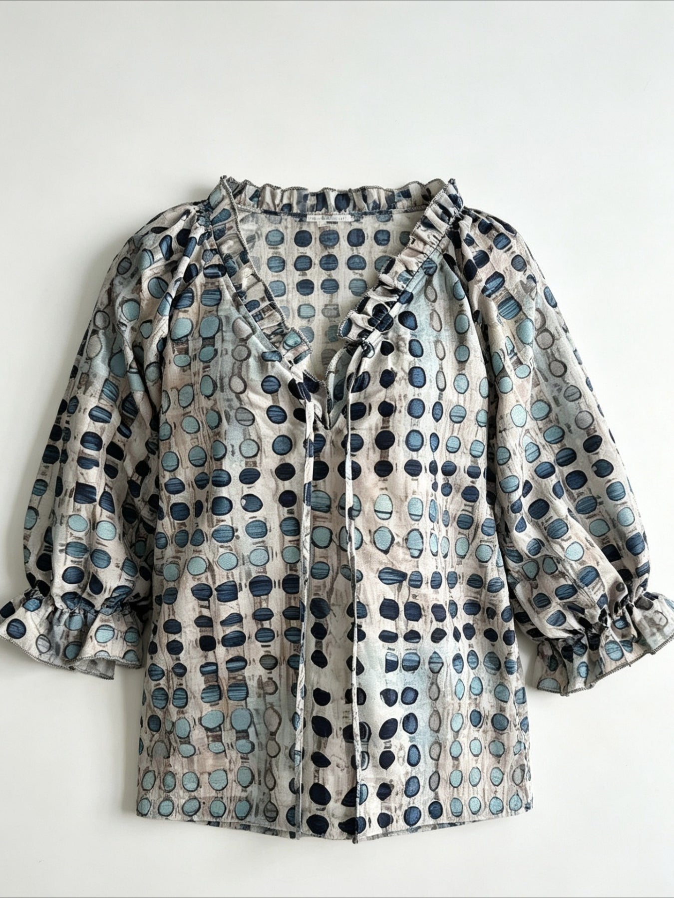 Abstract Geometric Polka Dot Printing Drawstring Fungus Edge V Neck Top