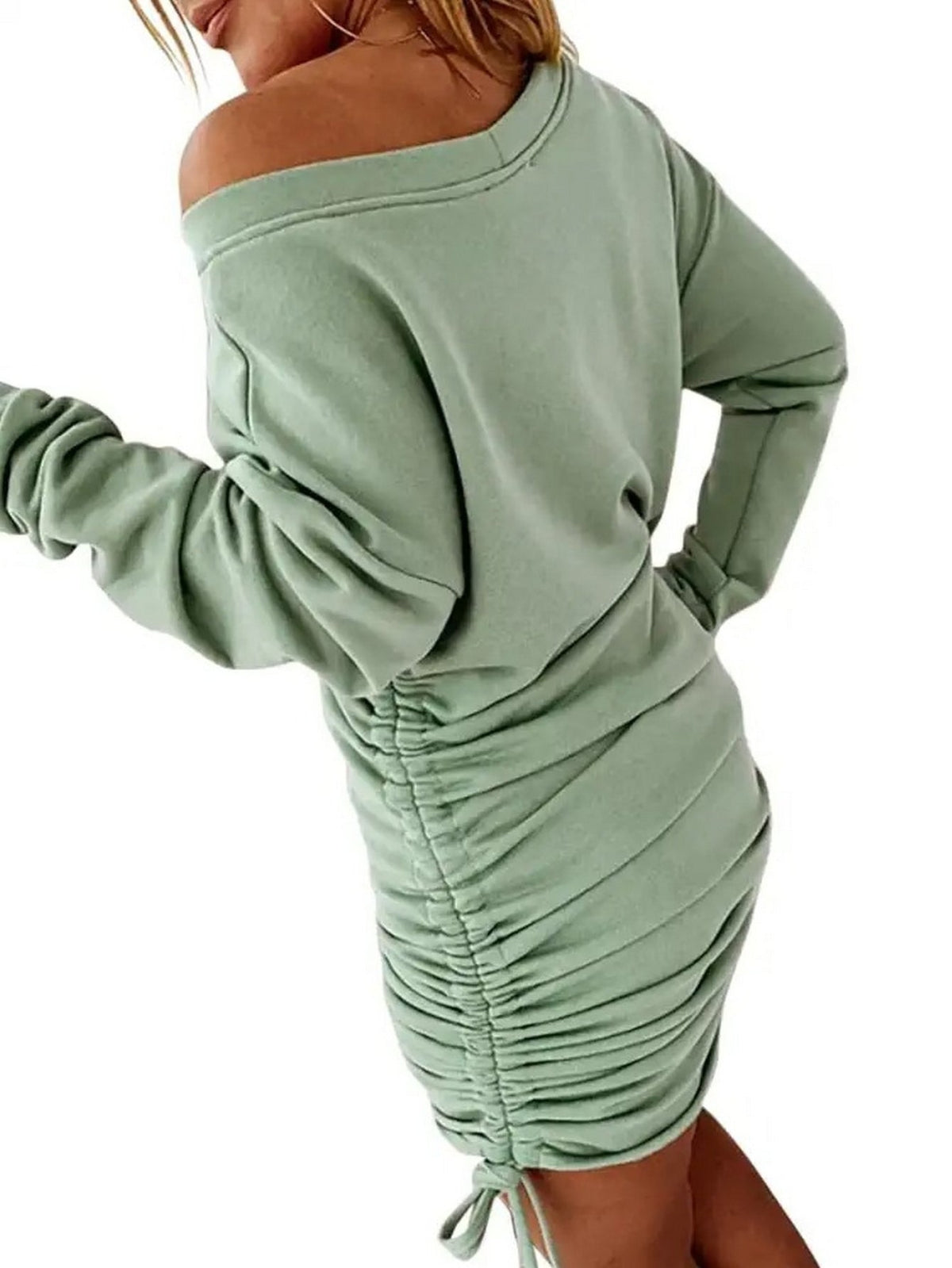 Solid Drawstring Pullover Sweatshirt Dress, Casual Ruched Long Sleeve Sweatshirt Dress