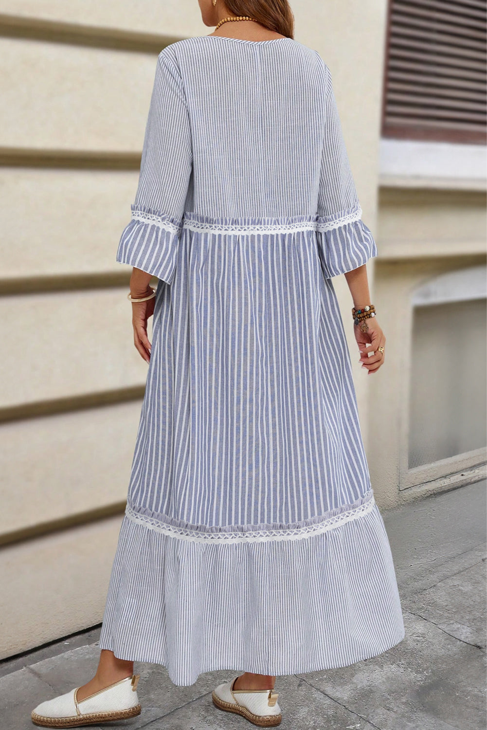 Sky Blue Stripe Patchwork Crossed Lace Detail Bracelet Sleeve Maxi Dress