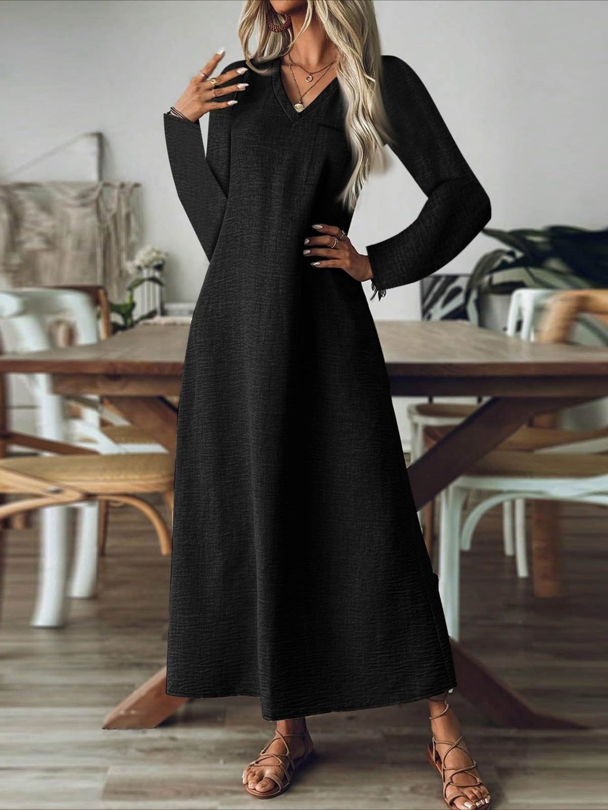 Back Zipper Solid Color Long Sleeve Cotton and Linen Dress