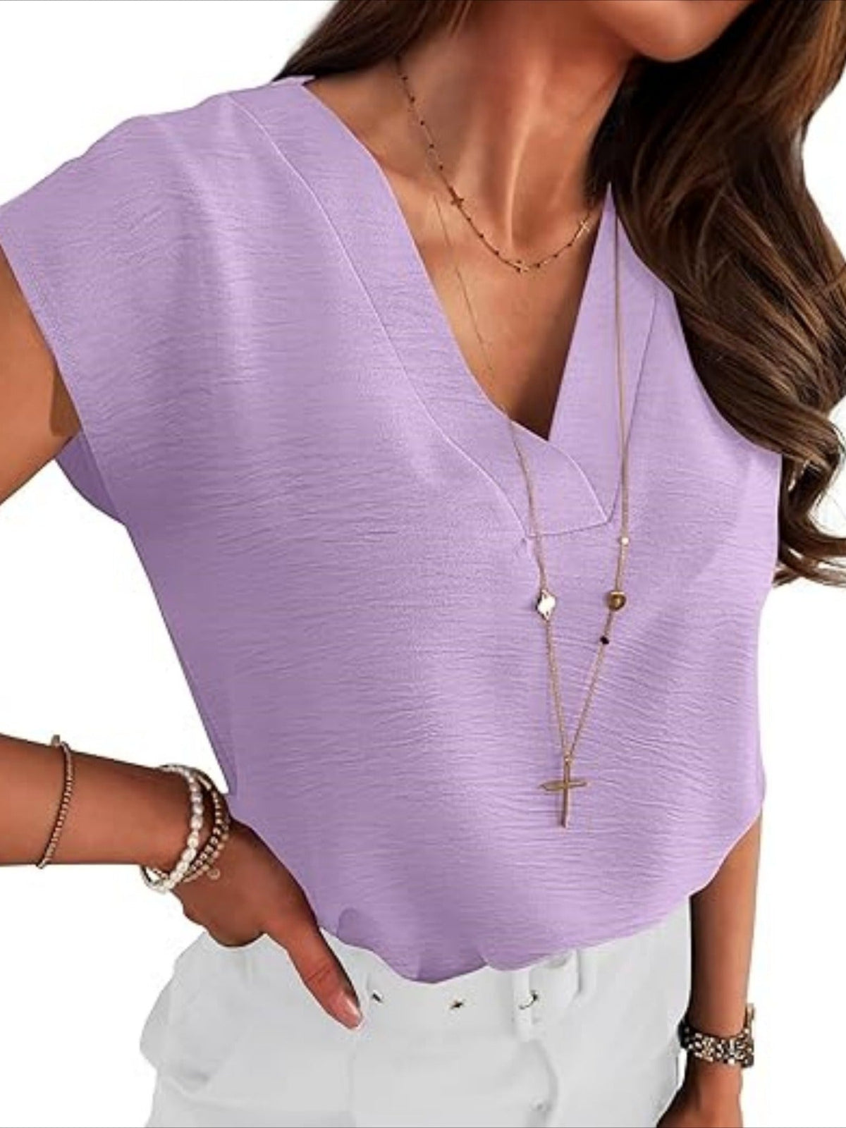 Plain V-Neck Batwing Short Sleeve Casual Loose Blouse
