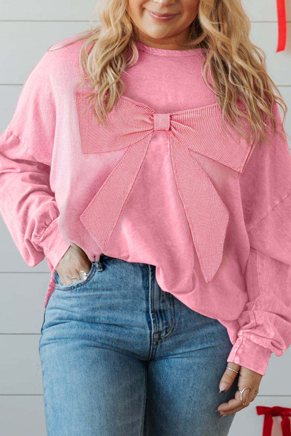 Bonbon Waffle Bowknot Patchwork Graphic Mineral Wash Plus Size Sweatshirt