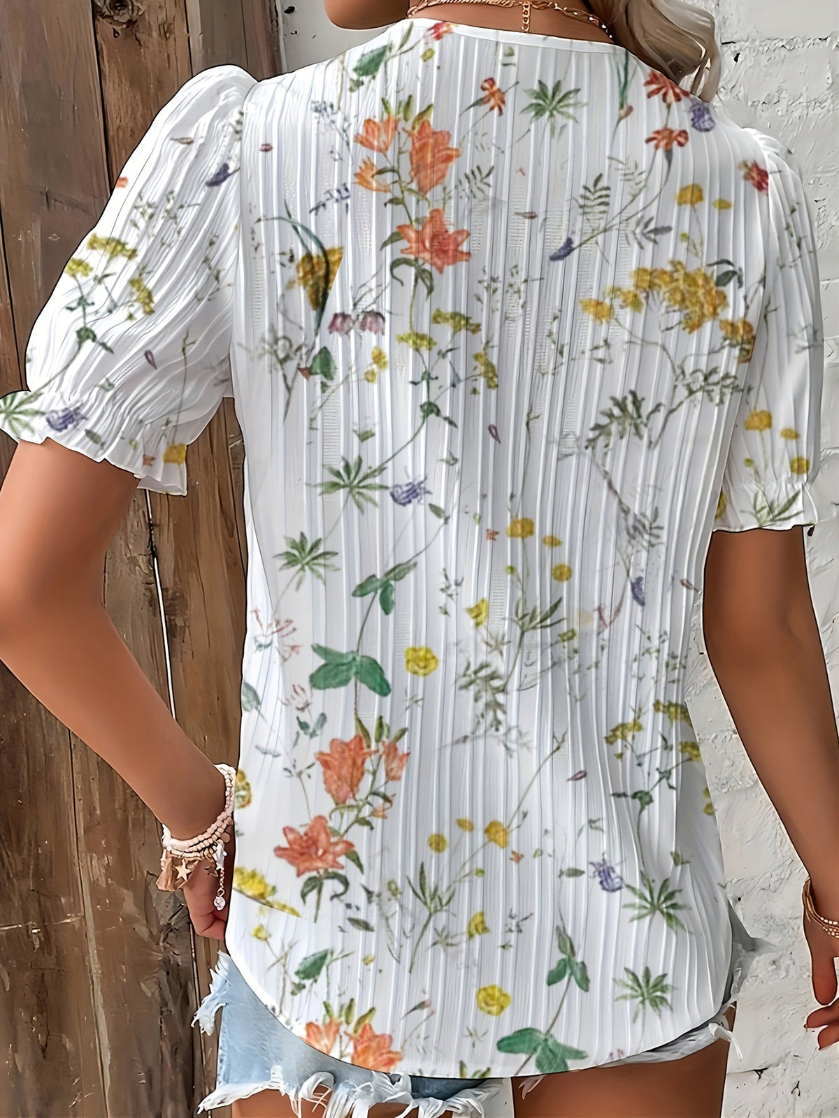 Floral Print Lace Trim Blouse, Vacation Striped V Neck Short Sleeve Blouse
