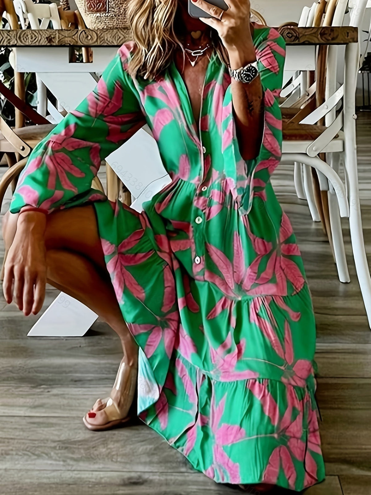 Leaves Print Tiered Long Sleeve Dress