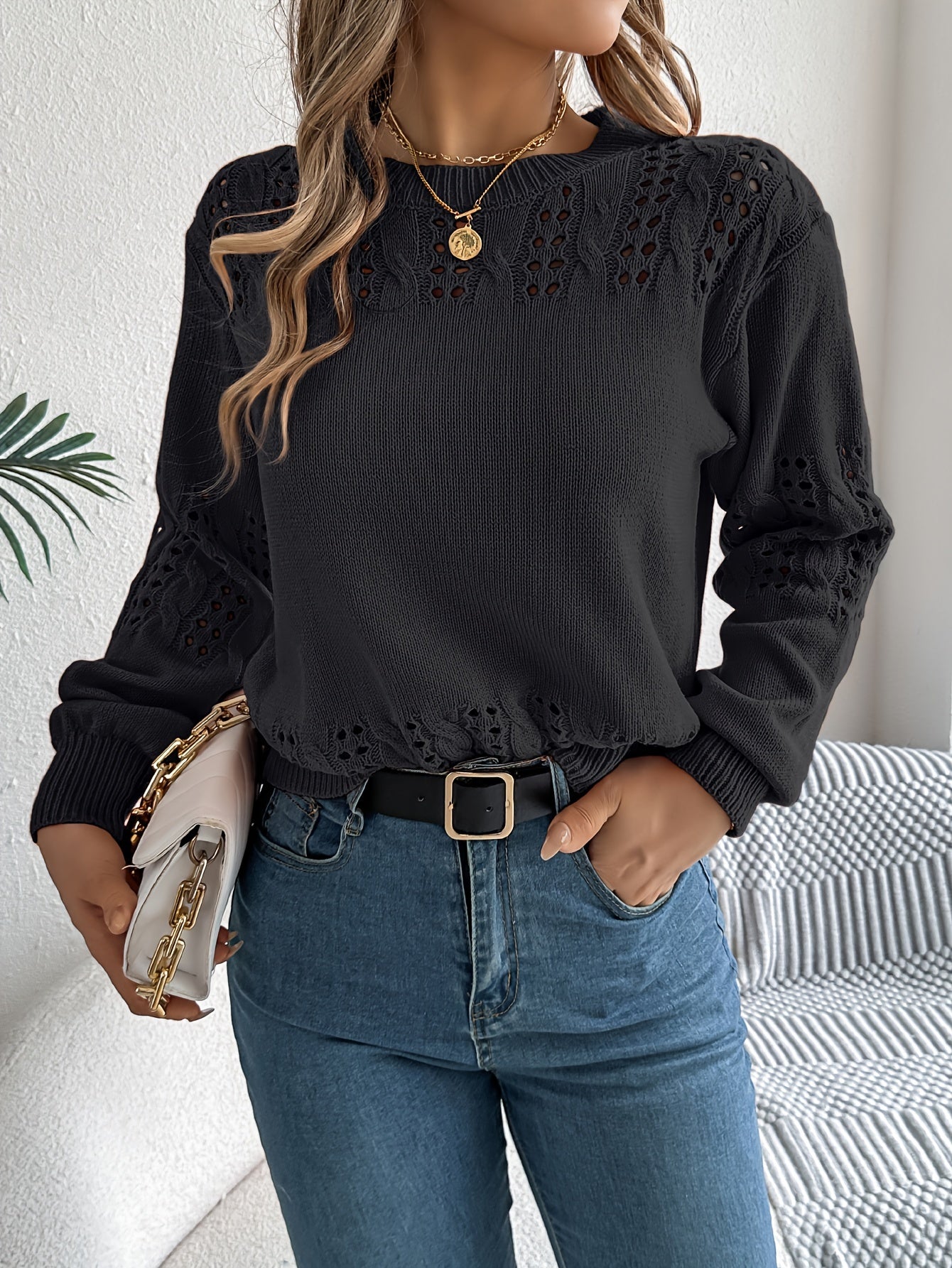 Pointelle Knit Solid Pullover Sweater, Casual Vacation Style Long Sleeve Crew Neck Sweater