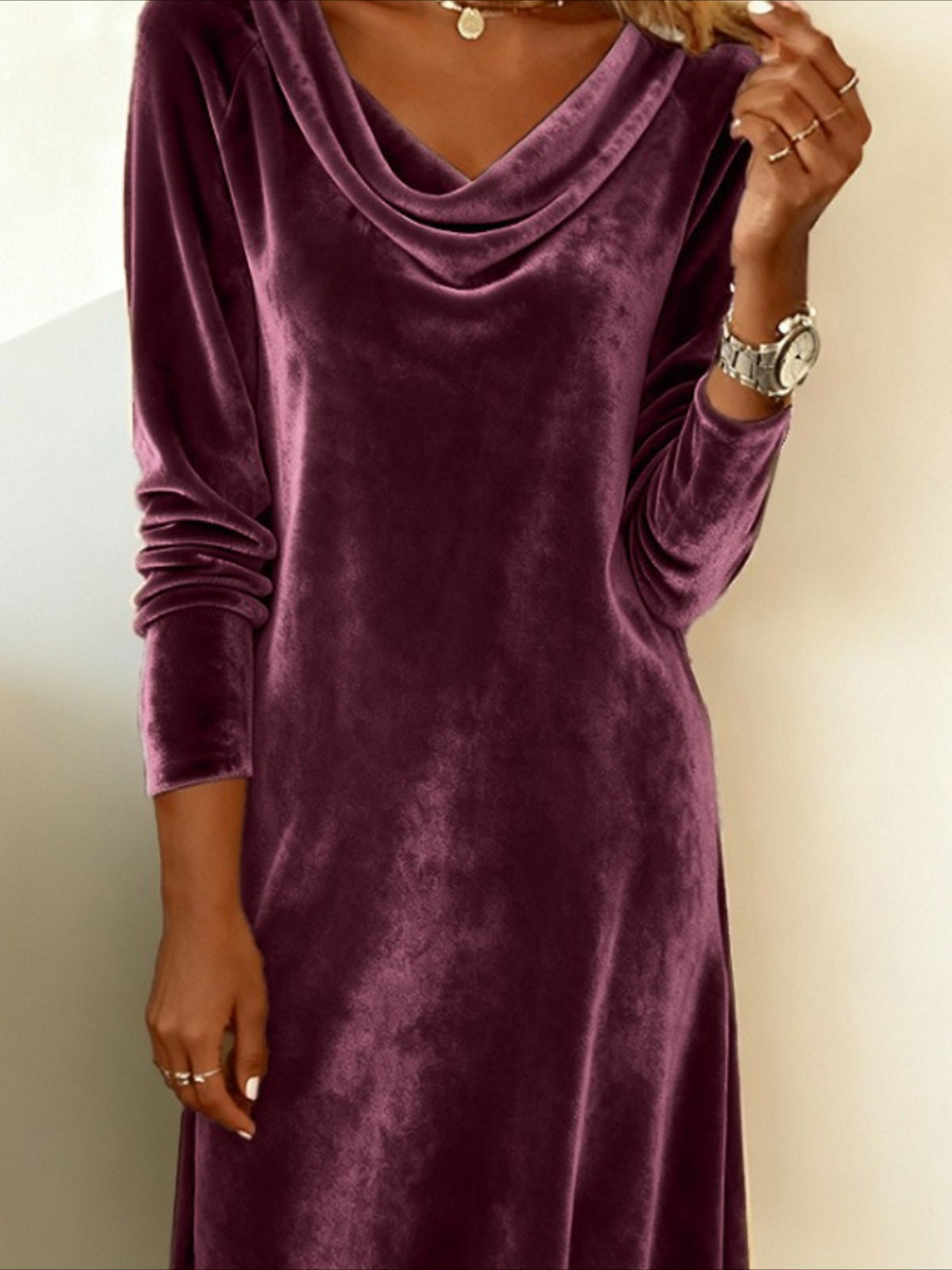 Long Sleeve Spring/Fall Golden Plain Split Joint Mini A-Line Fit & Flare Dress