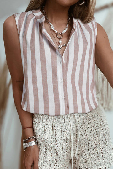 Khaki Stripe Casual Button Down Sleeveless Shirt