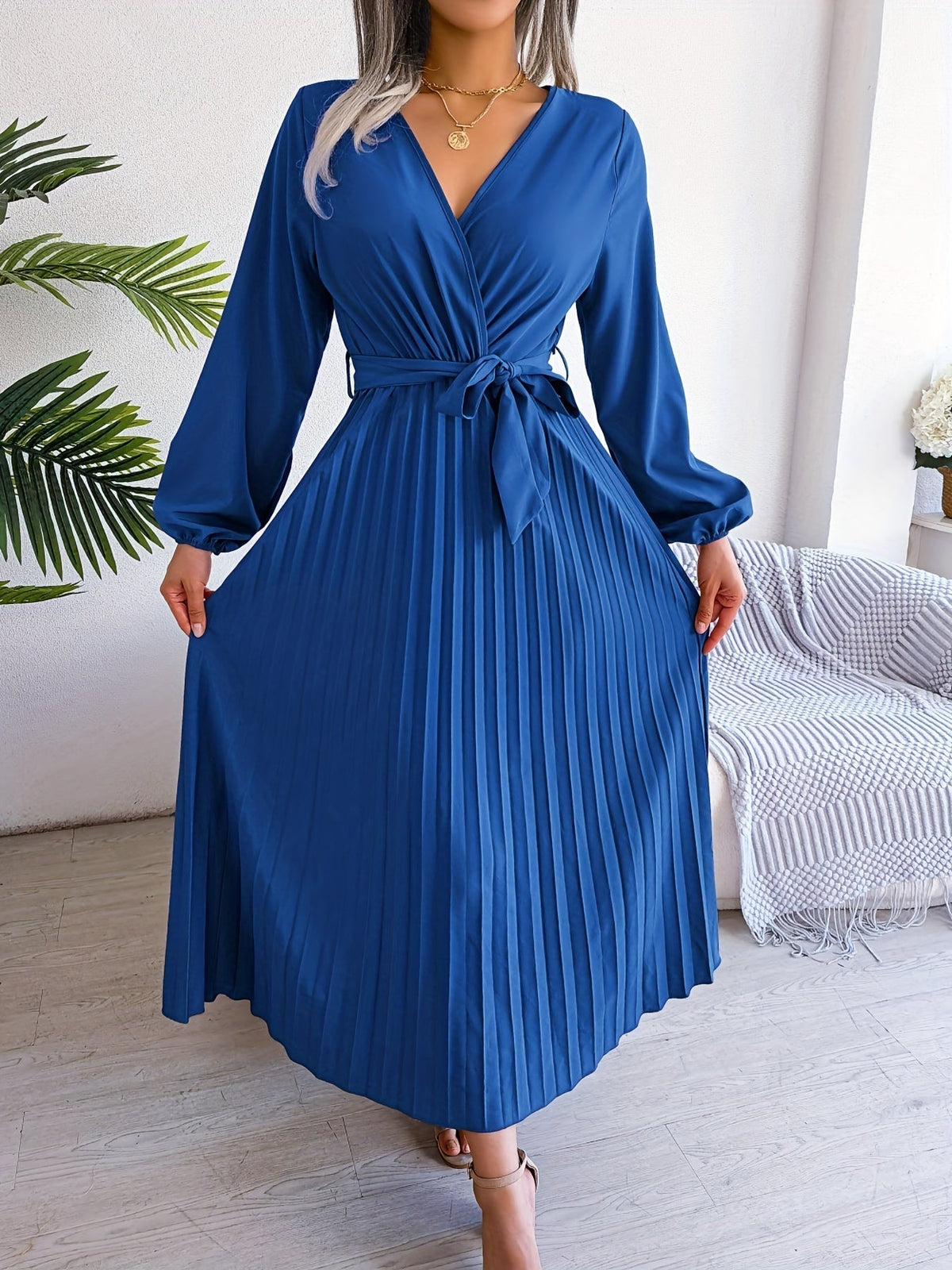 Pleated Surplice Neck Dress, Elegant Long Sleeve Solid Dress, Women's Clothing
