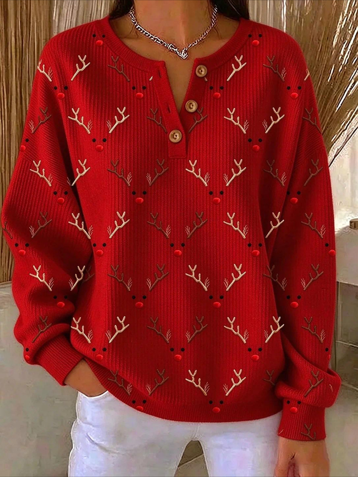 Christmas Vintage Buckle Henley Collar Sweatshirt