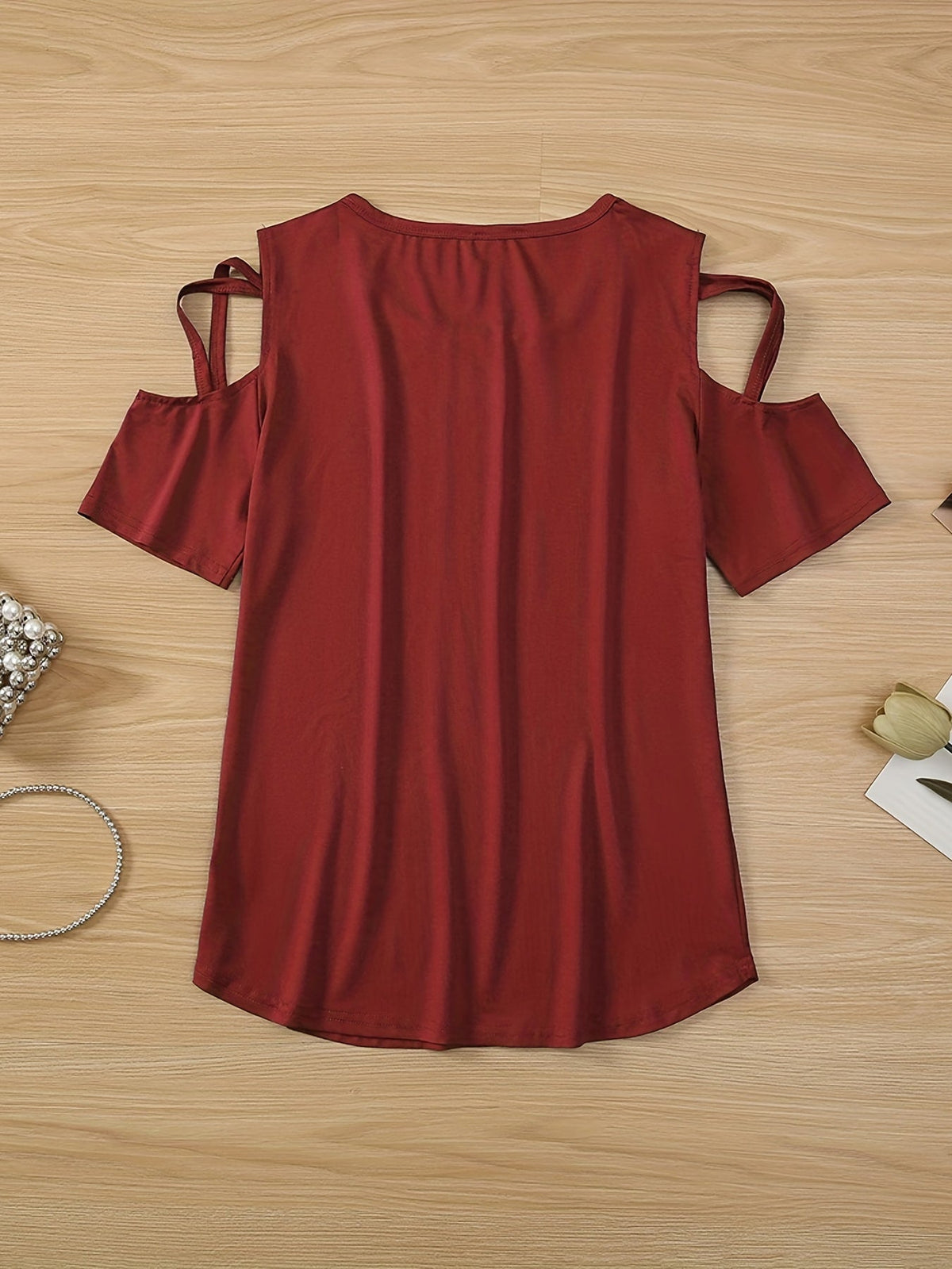 Solid Cold Shoulder T-shirt, Casual Crew Neck Short Sleeve T-shirt