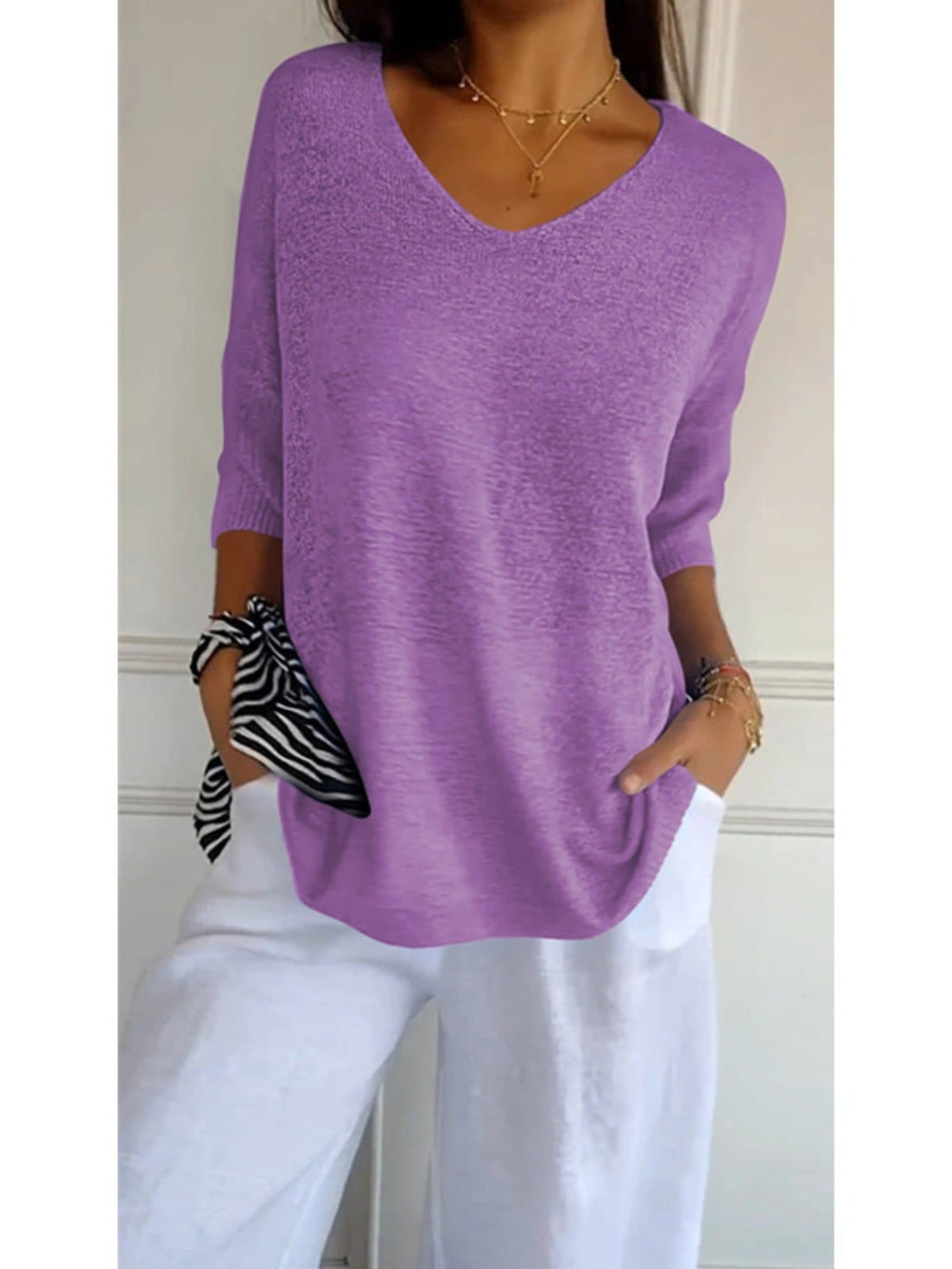 Cozy V Neck Pullover Three-Quarter Sleeve Knitted Sweater