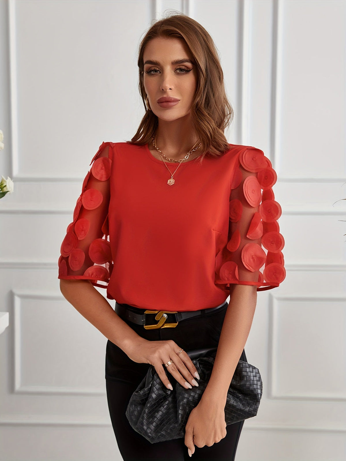 Women's Solid Applique Blouse with Half Sleeves and Mesh Splicing