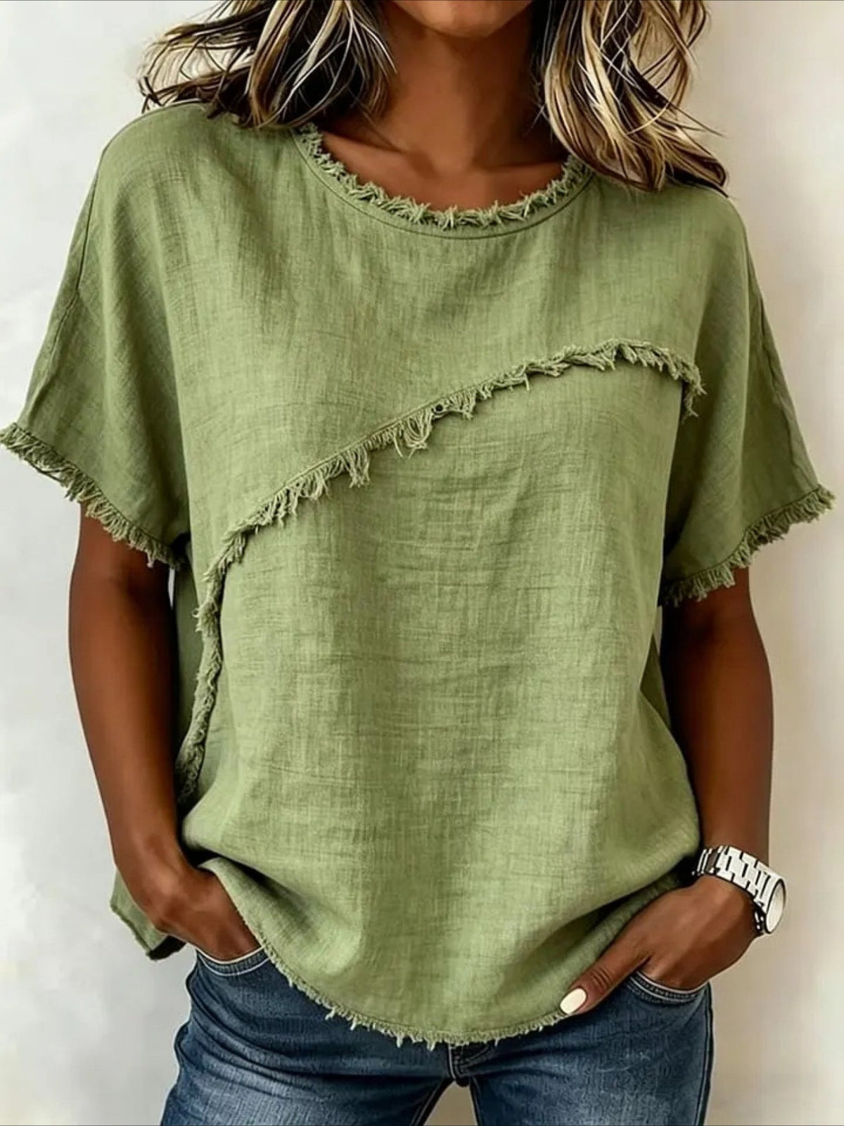 Round Neck Casual Fringed Panel Loose Short Sleeve Top