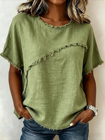 Round Neck Casual Fringed Panel Loose Short Sleeve Top