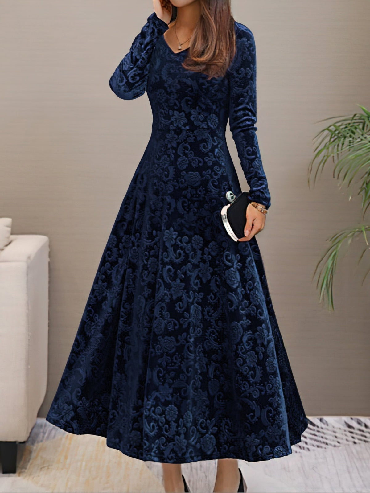 Solid Color Long Sleeve Dress, Elegant V Neck Flared Dress