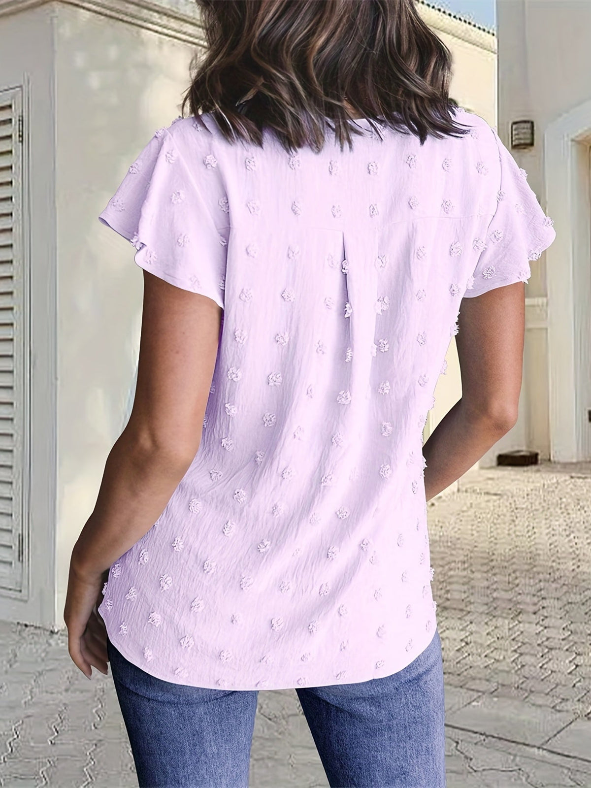 Swiss Dot V Neck Blouse, Casual Ruffle Sleeve Blouse