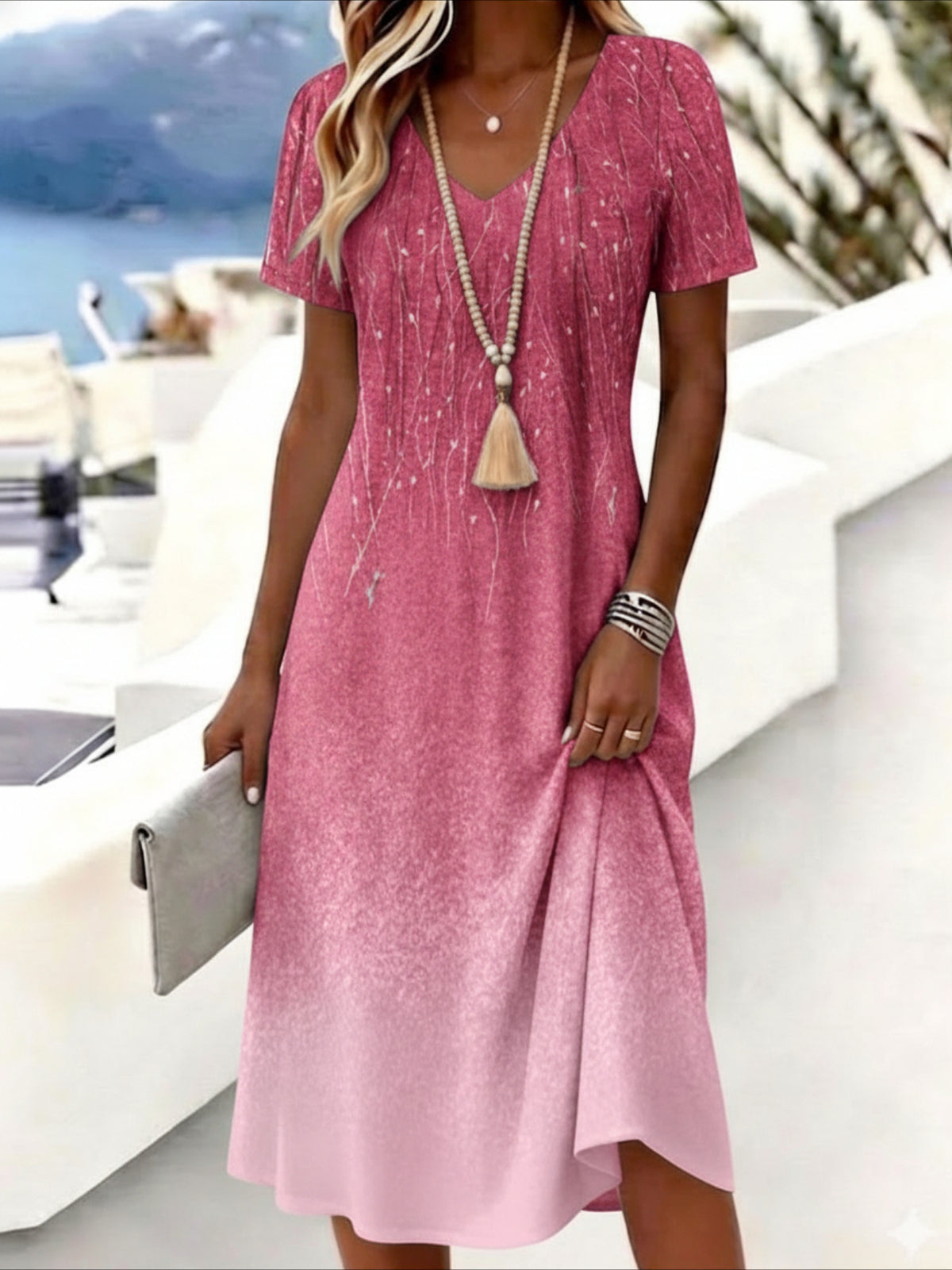 Print Short Sleeve V-Neck Casual Midi Dress
