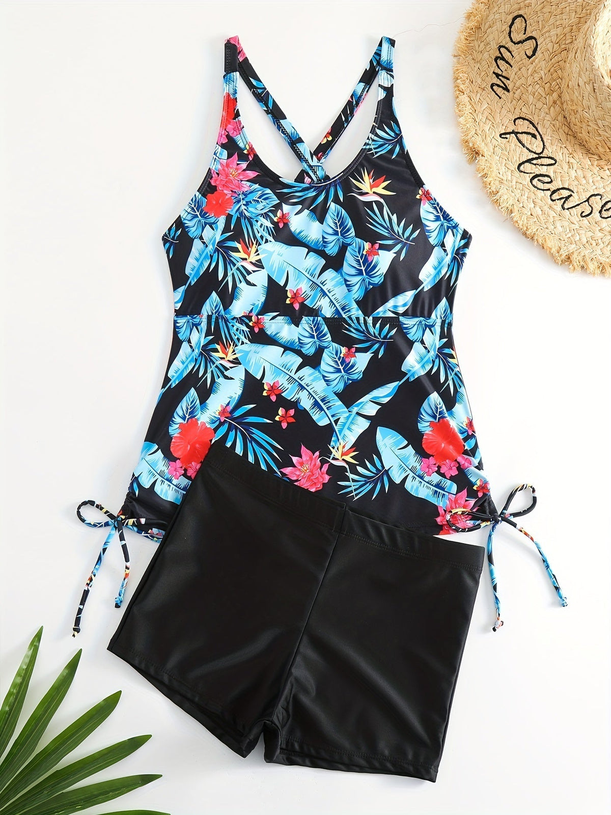 Tropical Print Round Neck Tankini Sets, Drawstring Straps Boxer Short Bottom Two Pieces Swimsuit
