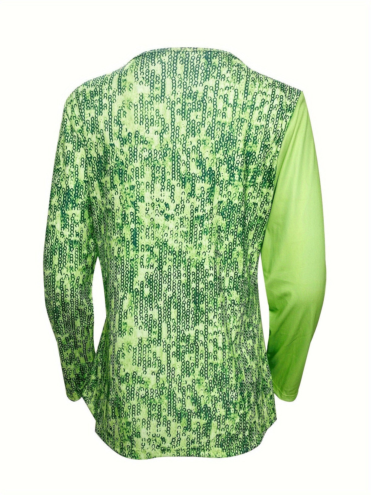 Sequined Button Decor V-neck Splicing T-Shirt, Casual Long Sleeve T-Shirt