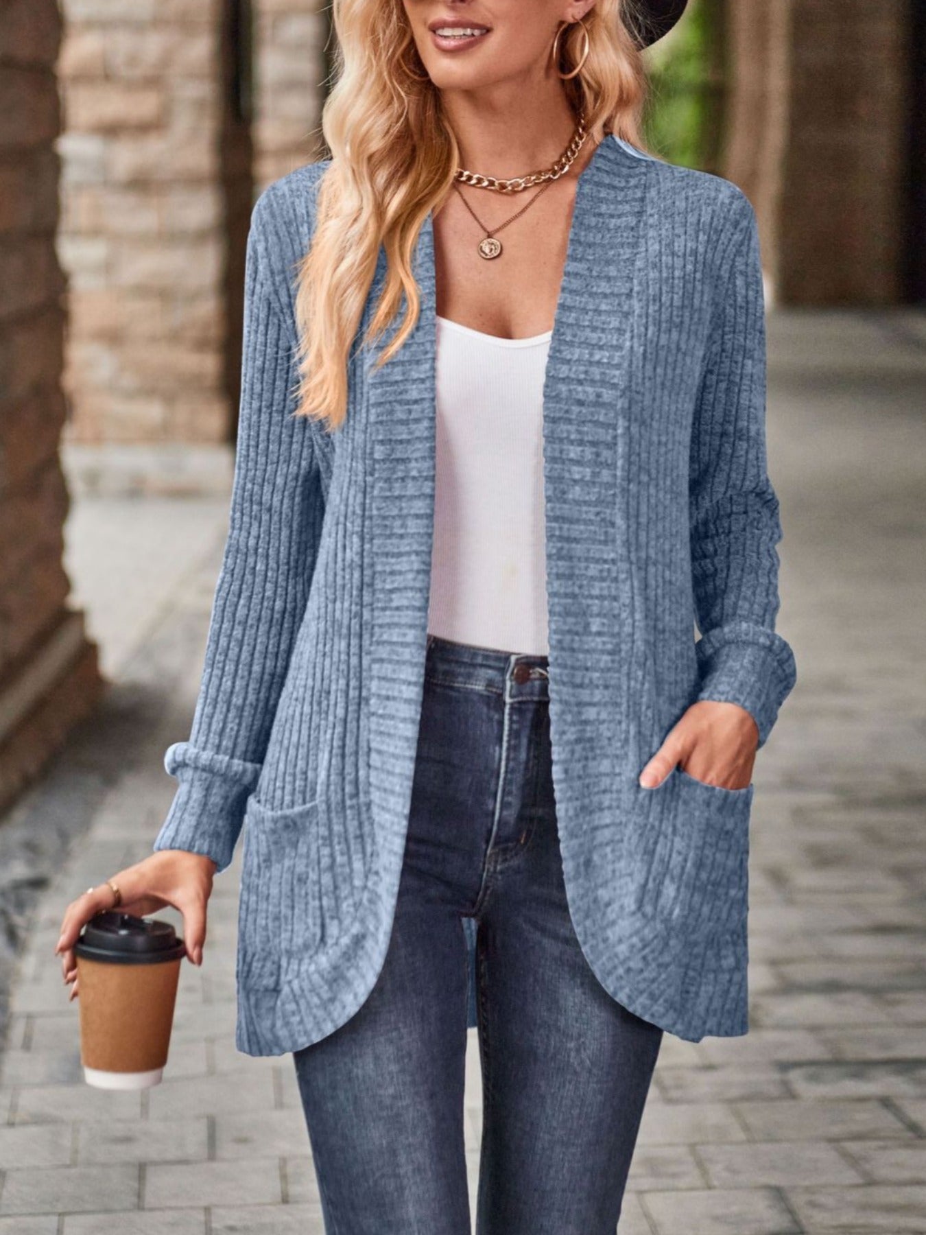 Loose Fit Long Sleeve Open Collar Casual Blouse with Side Pockets