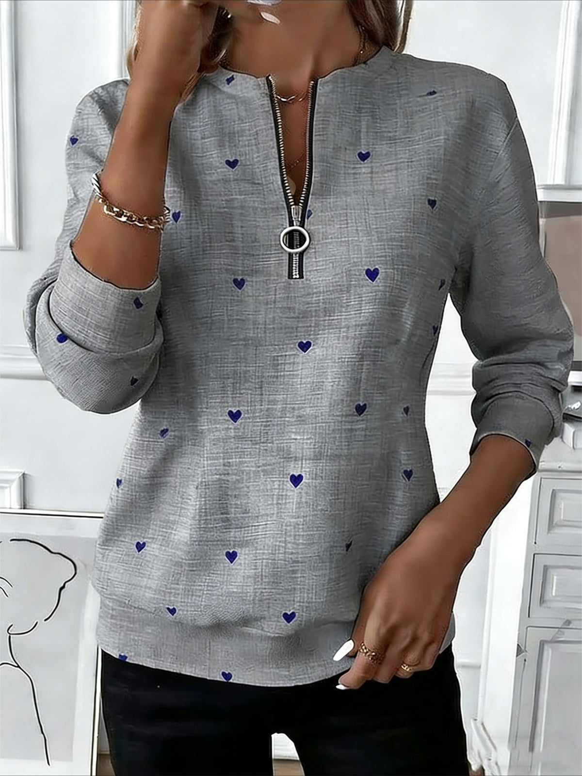 Love Print Long Sleeve Center Front Zip Sweatshirt