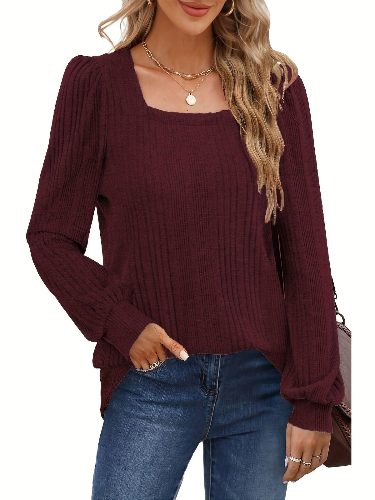 Solid Square Neck Rib Knit Top, Elegant Long Sleeve Sweater