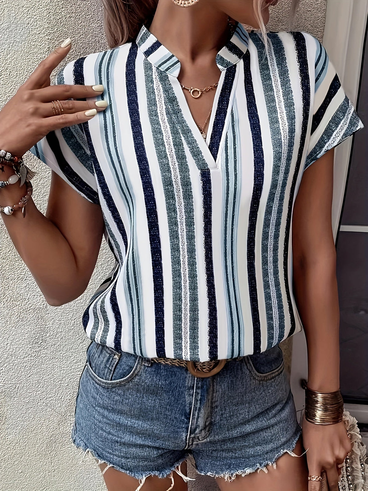 Striped Print Notched Neck Blouse, Casual Short Sleeve Blouse