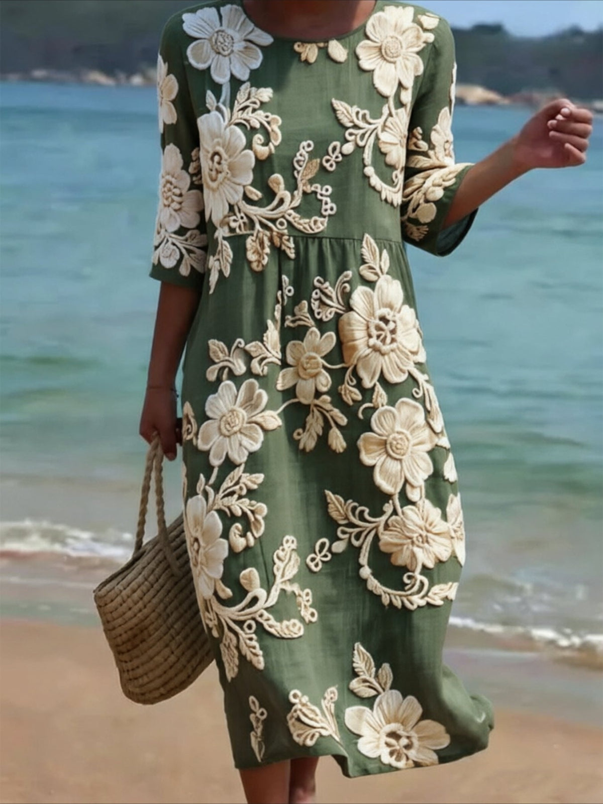 Flower Printed Casual Round Neck Mid Sleeve Dress