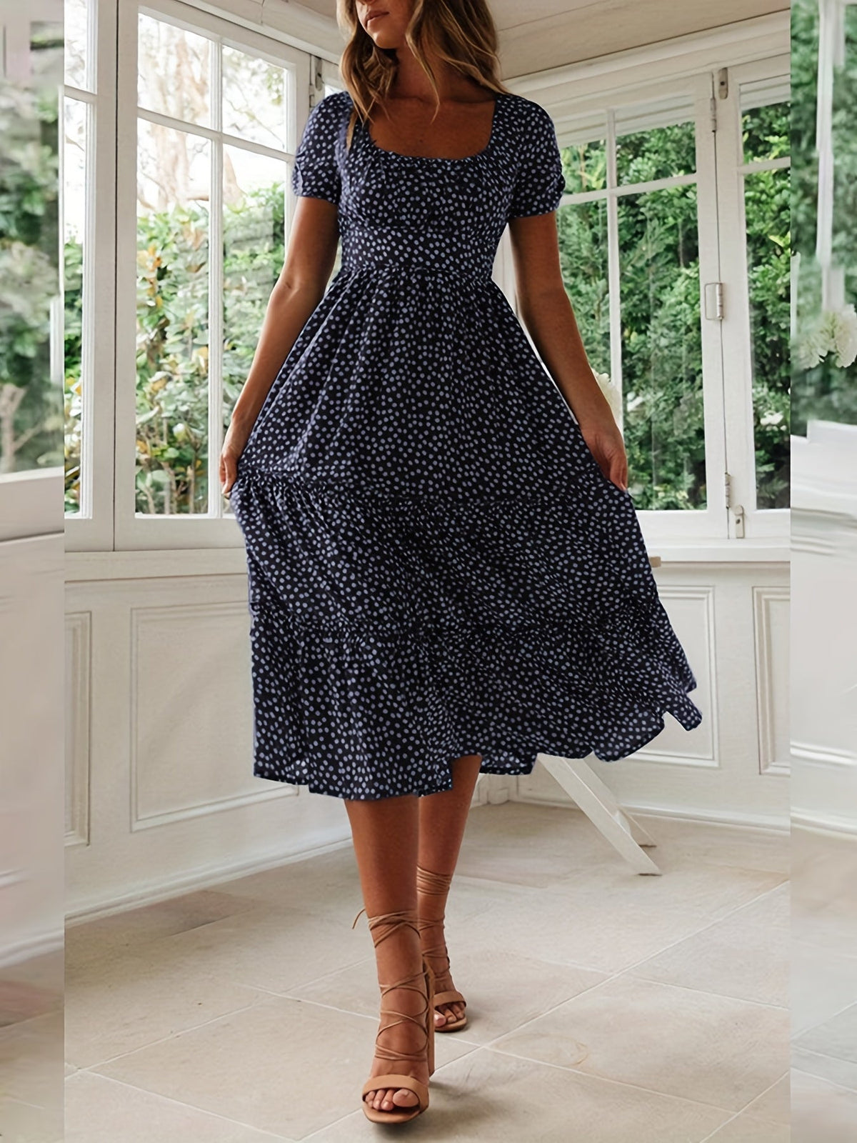 Polka Dot Ruffle Hem Dress, Casual Square Neck Short Sleeve Dress