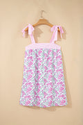 Pink Floral Print Striped Patchwork Bow Knot Straps Mini Dress