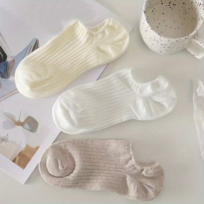 5 Pairs Solid Ribbed Socks, Casual & Comfy All-match Ankle Socks