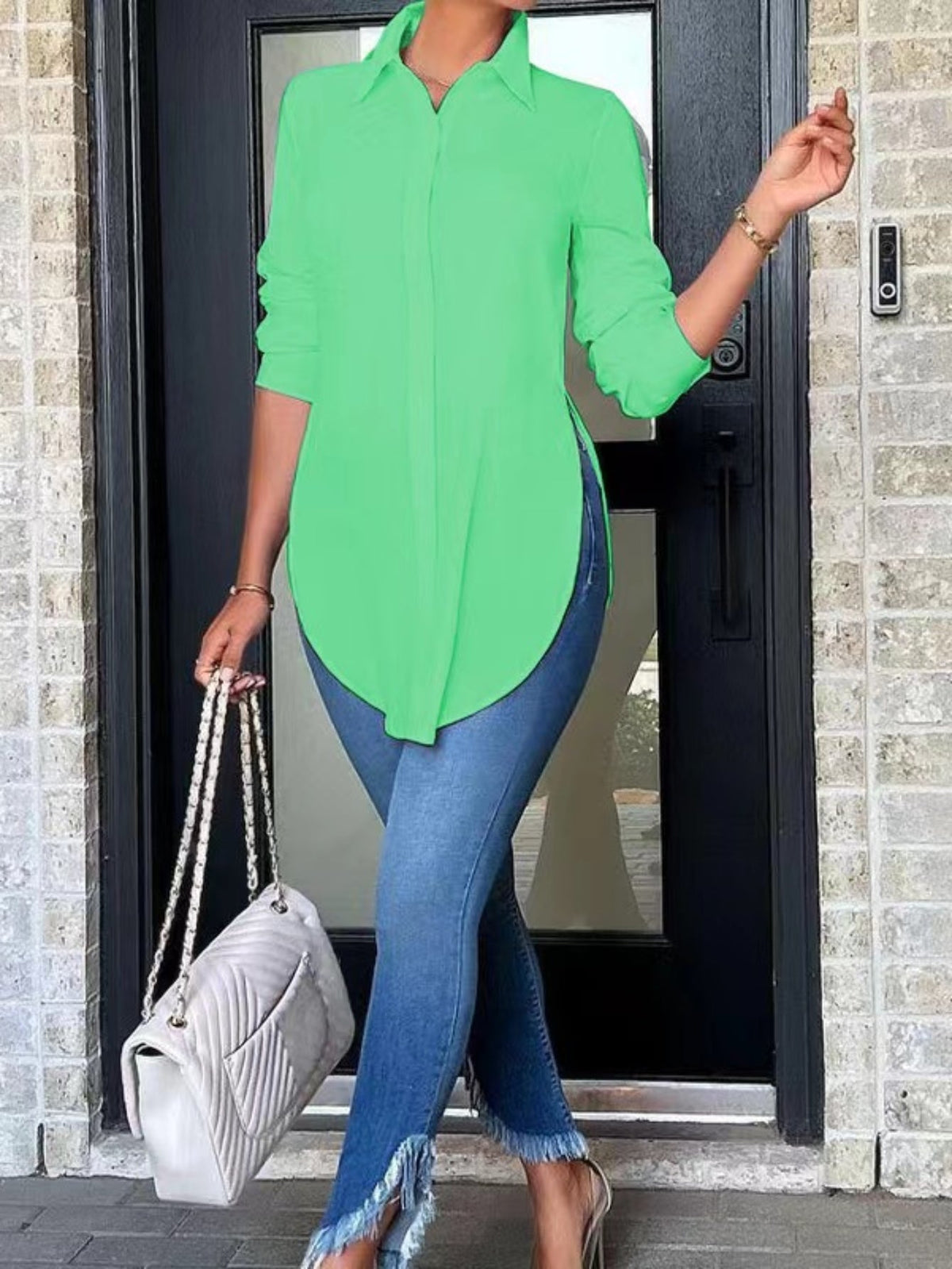 Women's Split Button Front Shirt - Casual Long Sleeve Curved Hem Top for Comfortable and Stylish Look